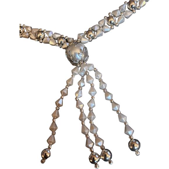 Vintage 80s Silver Beaded Tassel Necklace - White Crystal Drop Statement Piece - Picture 7 of 13